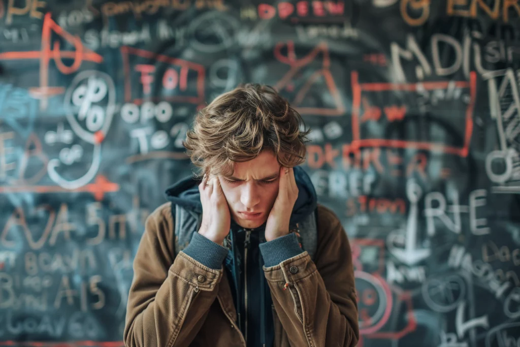 Troubled teenage boy with head in hands in front of graffiti wall, representing the need for youth counselling in Geelong