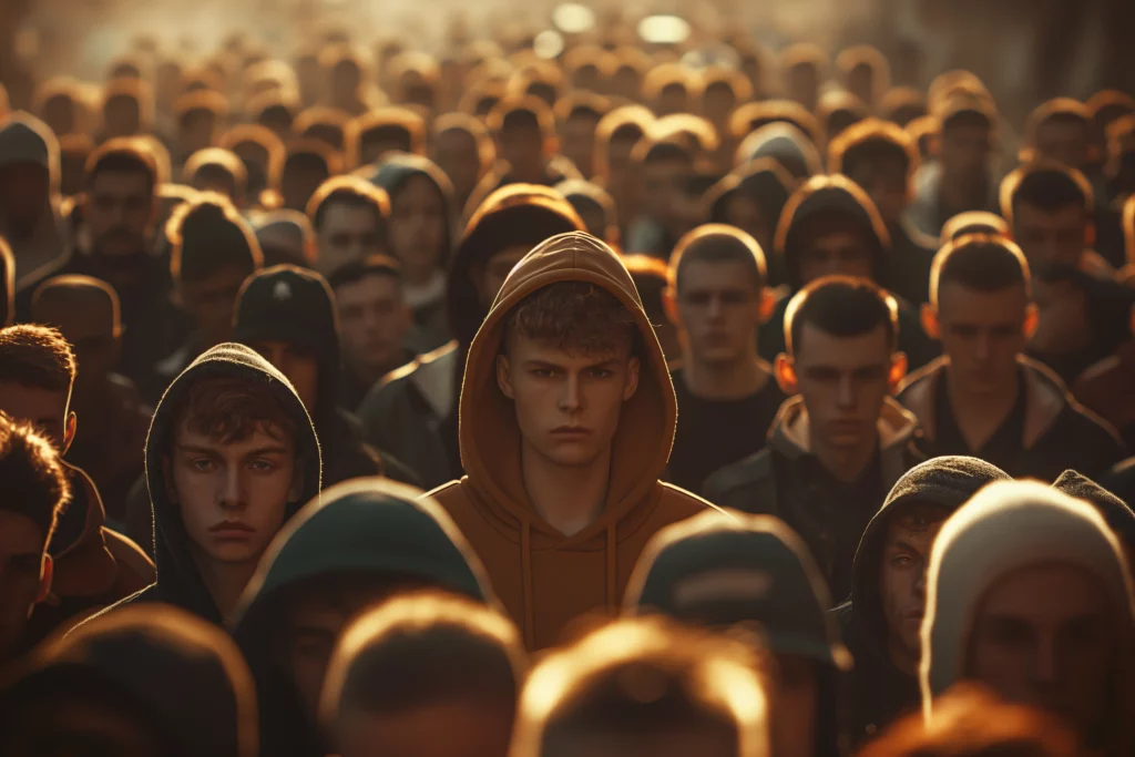 Large crowd of hooded young men with one standing out in the center